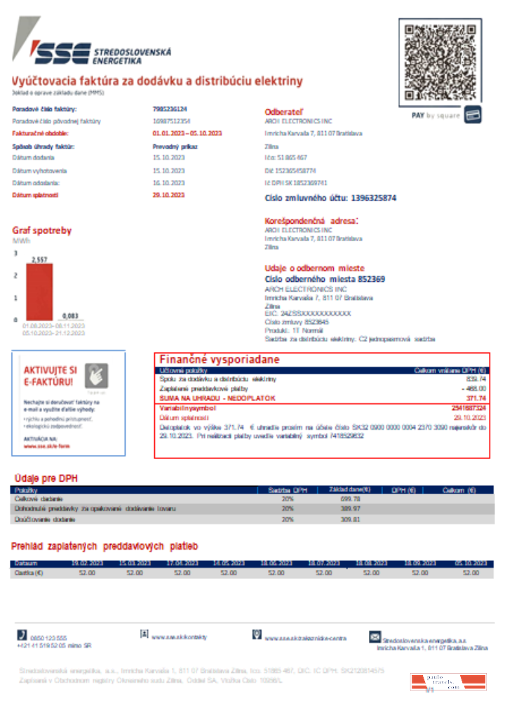 Stredoslovenka Energetika utility business bill,  SCR PSD template